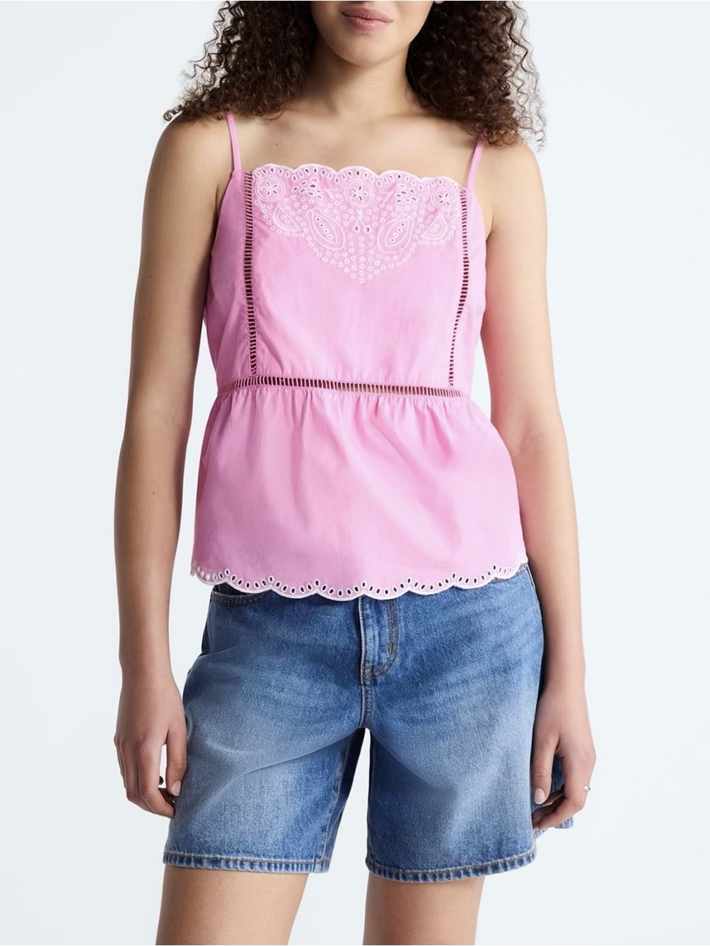 Pink Eyelet Embroidered Cotton Tank Top with Scalloped Peplum Hem